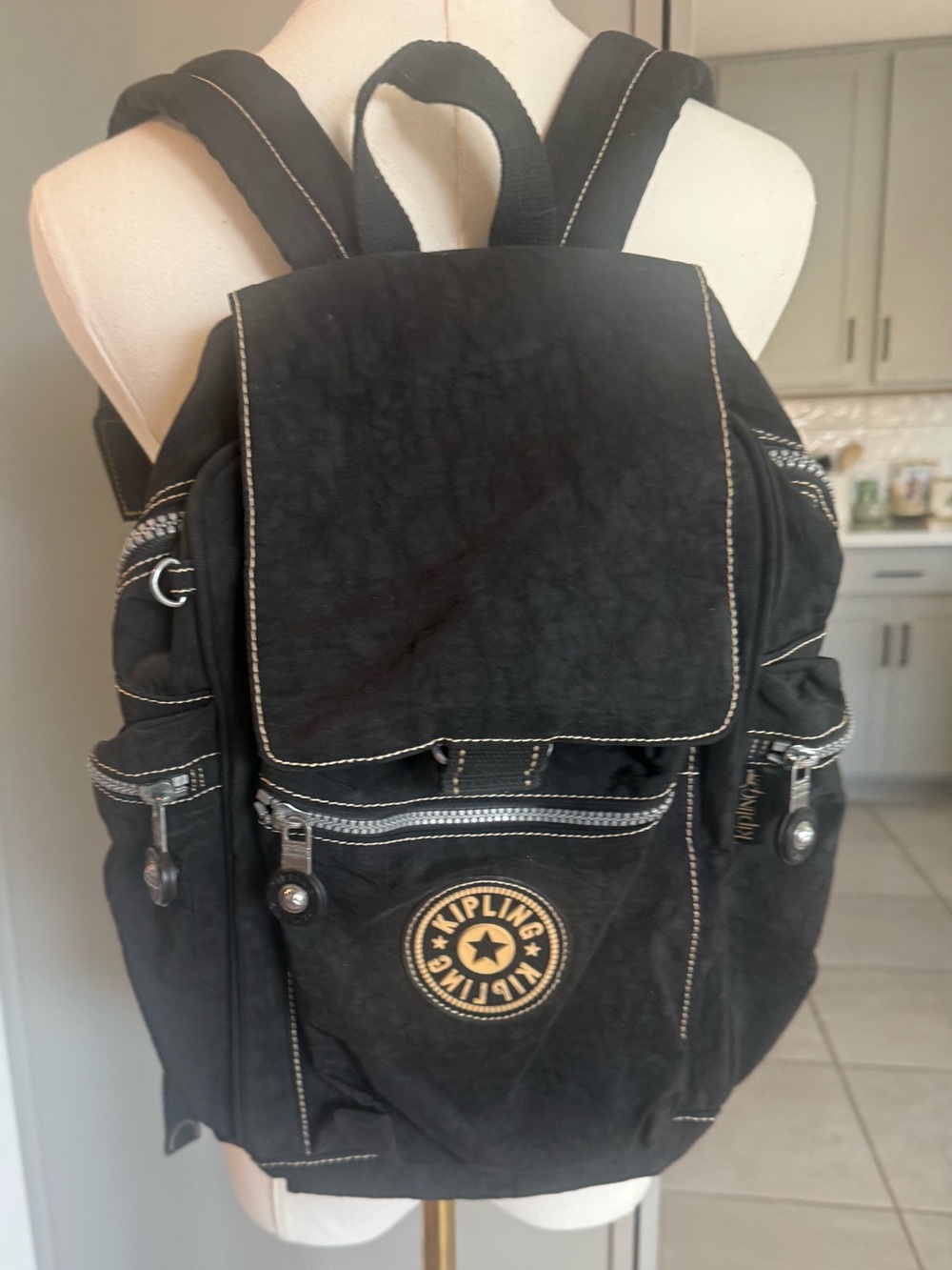 Kipling Black Backpack with Front Flap and Logo Patch